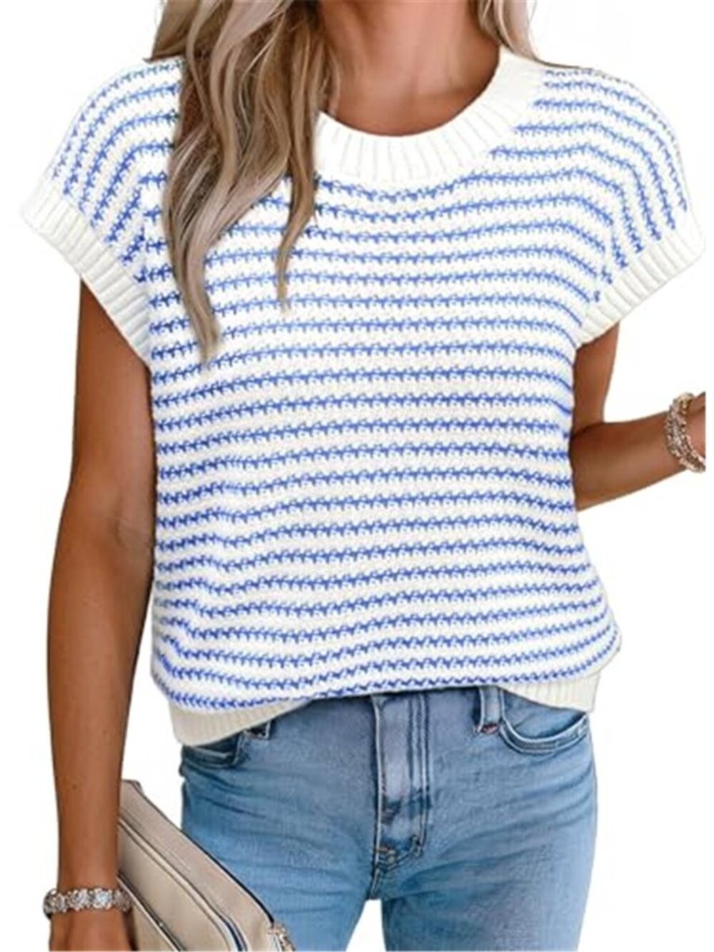 Womens Striped Sweater Vest Knit Tank Top Cap Sleeve Summer Pullover Top